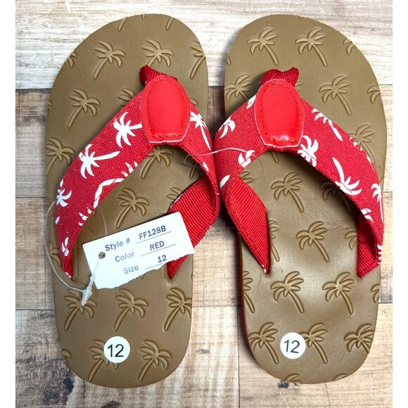 Red Palm Tree Print Kids Flip-Flops Size 12 - Picture 2 of 3